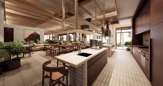 Island kitchen with coffee machine and seating area at Iglu Mascot Duo in Sydney Student Accommodation