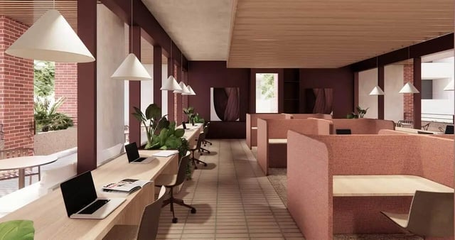 Laptops desks chairs plants study area at Iglu Mascot Duo in Sydney Student Accommodation