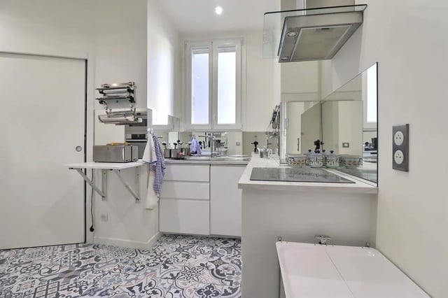 White cabinets toaster sink microwave kitchen at Apartment in Rue Villaret de Joyeuse, 75017 Paris, France in Paris Student Accommodation