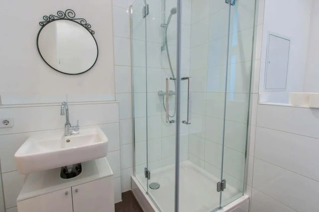 Sink shower mirror with swirls Bathroom at Room in Detmolder Str., 10713 Berlin, Germany in Berlin Student Accommodation