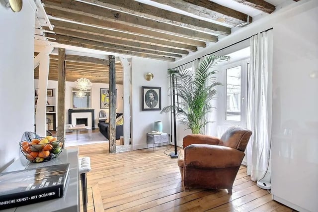 Leather armchair plant and fruit bowl living room at Apartment 1 bedroom 60m² in Paris Student Accommodation