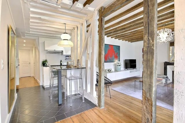 Kitchen dining area and living room interior at Apartment 1 bedroom 60m² in Paris Student Accommodation