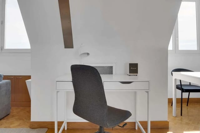 Desk chair Marshall speaker lamp study area at Rue de Bretagne in Paris Student Accommodation