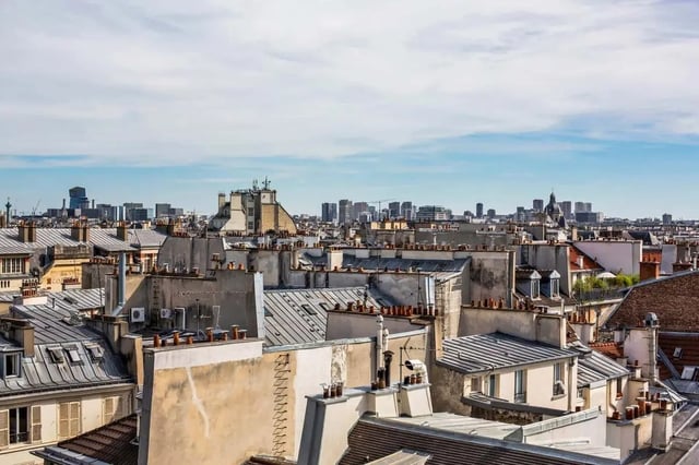 Paris rooftops view from building exterior at Rue de Bretagne in Paris Student Accommodation