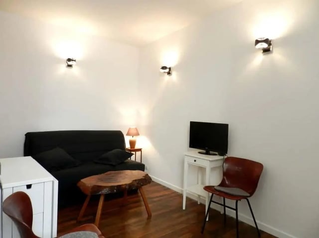 Sofa table lamp TV chair living room at Apartment 1 bedroom 28m² in Paris Student Accommodation