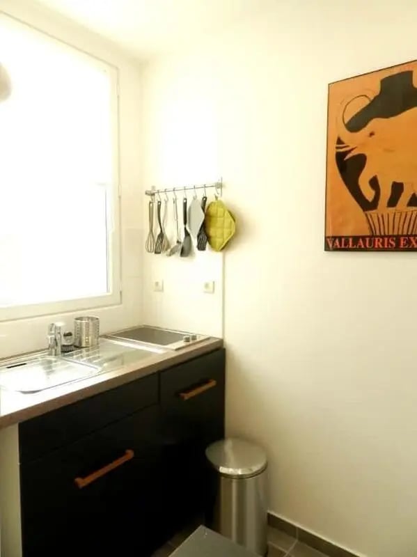 Sink cooking utensils bin wall art kitchen at Apartment 1 bedroom 28m² in Paris Student Accommodation