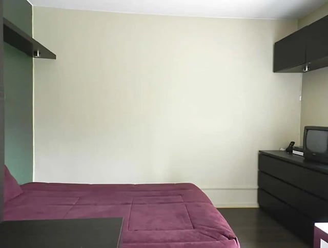 Purple bed, dark dresser, television bedroom at Studio in Rue Mademoiselle, 75015 Paris, France in Paris Student Accommodation