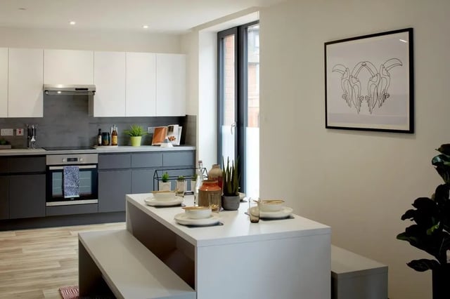 Modern kitchen dining area with bench seating kitchen at Eden Square in Coventry Student Accommodation