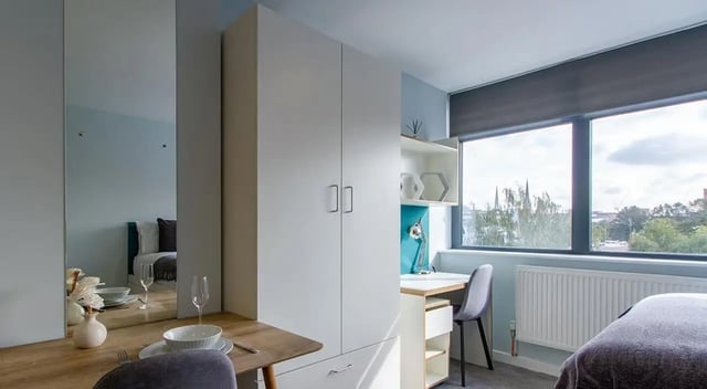 Wardrobe desk and bed student room at Urban Student Village in Coventry Student Accommodation