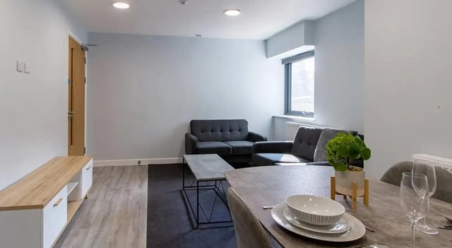 Sofas coffee table plant living room at Urban Student Village in Coventry Student Accommodation