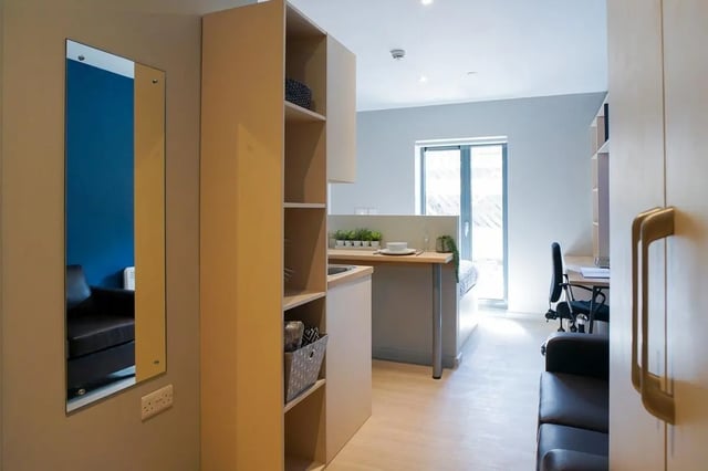 Mirror shelf desk chair couch studio apartment at Straits Meadow in Edinburgh Student Accommodation