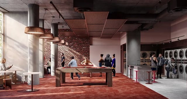 Pool table washing machines and seating common area at The Switch Berkeley in Melbourne Student Accommodation