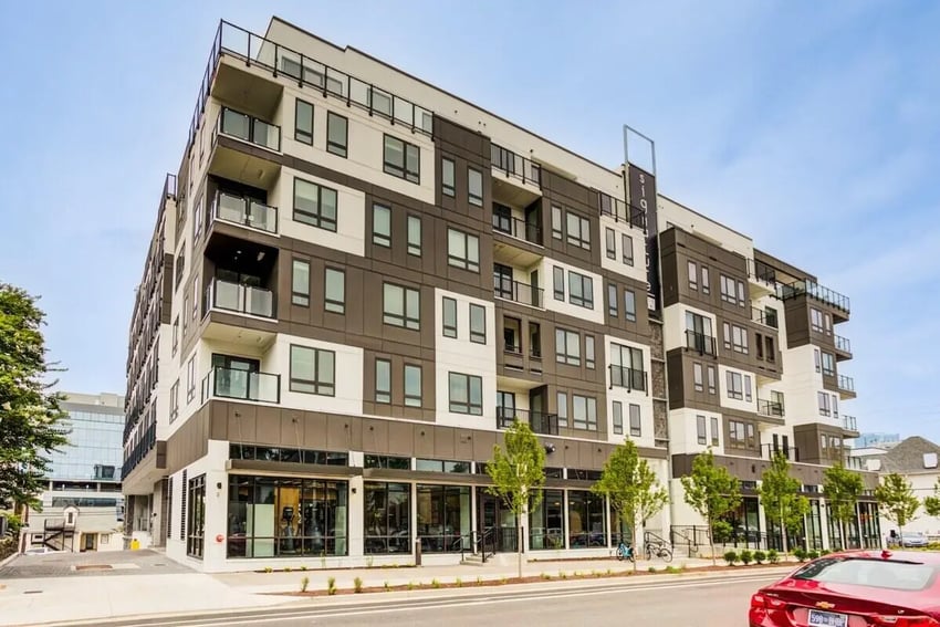 Modern apartment building with balconies and windows exterior at Signature Music Row in Nashville Student Accommodation