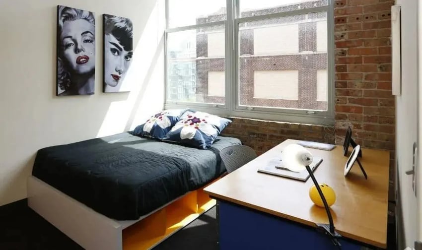 Bed paintings desk and chair bedroom at The Letterman Chicago in Chicago Student Accommodation
