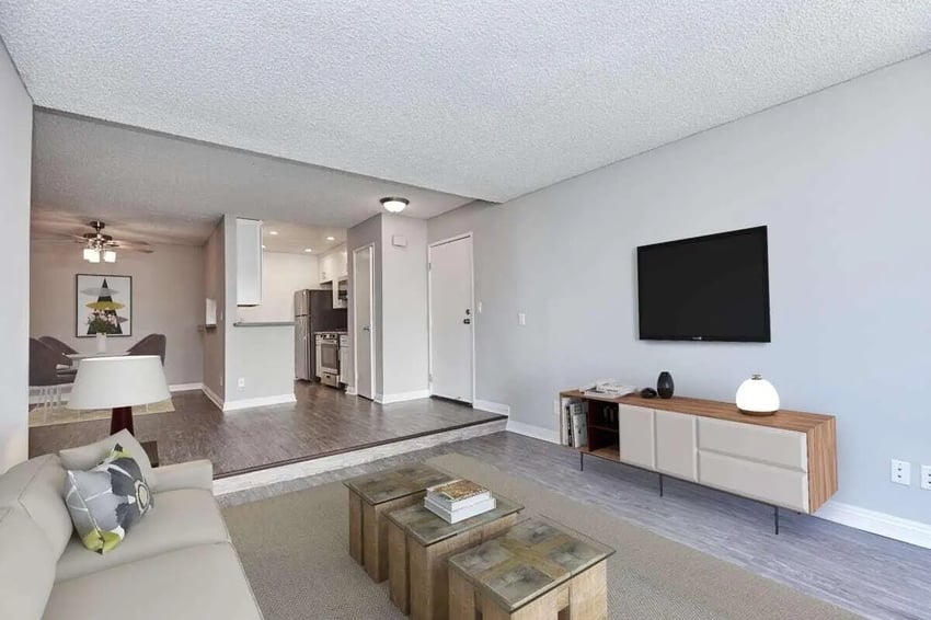 Sofa TV cabinet kitchen and dining living room at Ariel Court in Los Angeles Student Accommodation