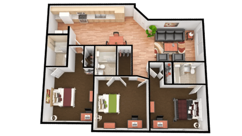 Three bedrooms with desks living area kitchen bathroom floor plan at Collegiate Commons Apartments in Greensboro Student Accommodation