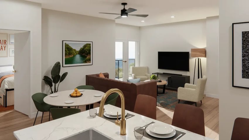 Kitchen table, couch, chairs, TV, balcony, bedroom living room at The Sinclair in Austin Student Accommodation