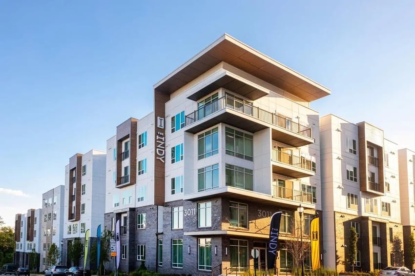 Modern apartment building with balconies and windows exterior at The Indy in Marietta Student Accommodation