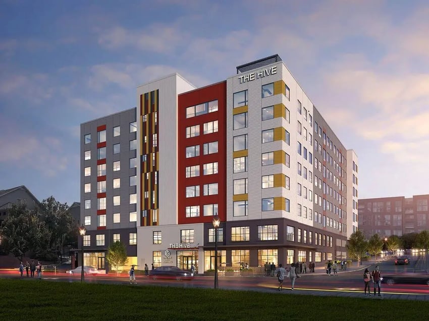 Modern apartment building with colorful accents exterior at The Hive in Atlanta Student Accommodation