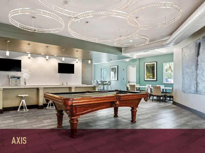 Pool table with contemporary lights in common room at Stadium Centre - The Axis in Tallahassee Student Accommodation