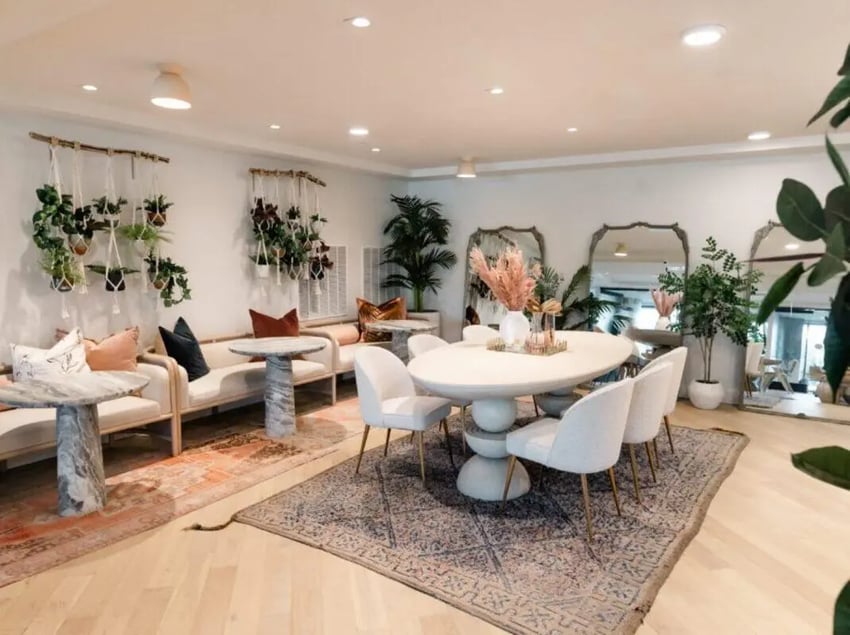 Sofas dining table chairs plants mirrors living room at Sweetwater Gainesville Apartments in Gainesville Student Accommodation