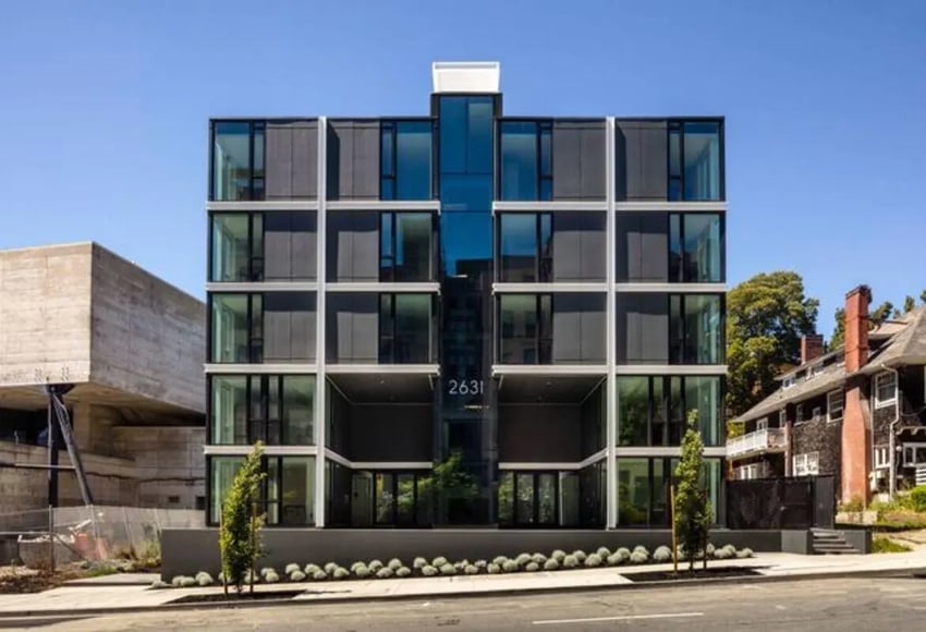 Modern apartment building with glass facade exterior at The Durant in Berkeley Student Accommodation