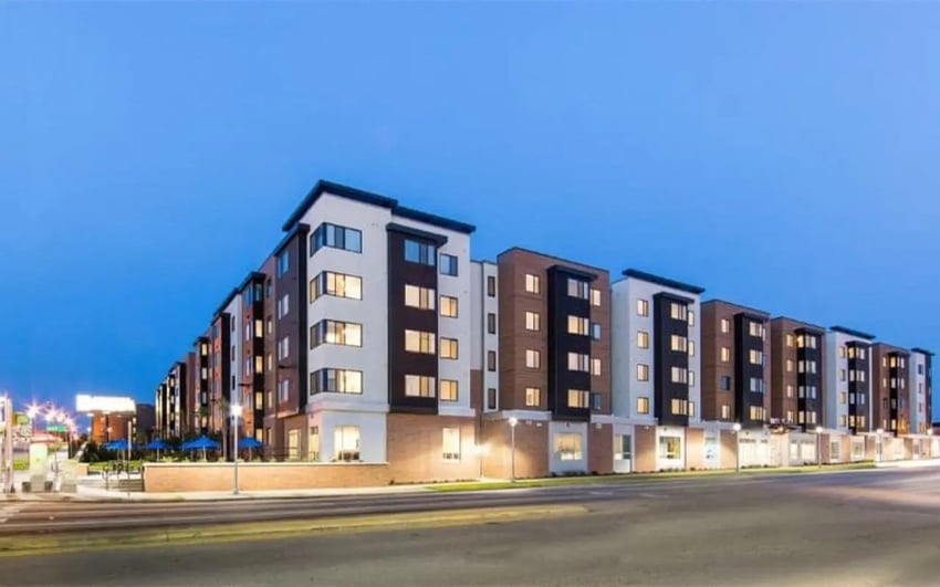 Modern apartment building with windows and awnings exterior at Park Place Columbia in Columbia Student Accommodation