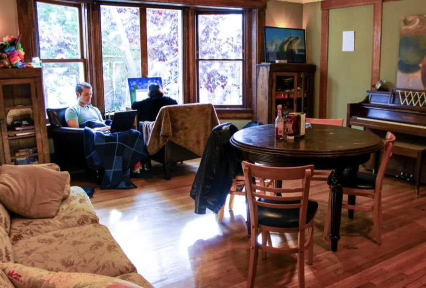 Living room with piano table and chairs at Berkeley Student Cooperative - Affordable Student Housing Co-op in Berkeley Student Accommodation