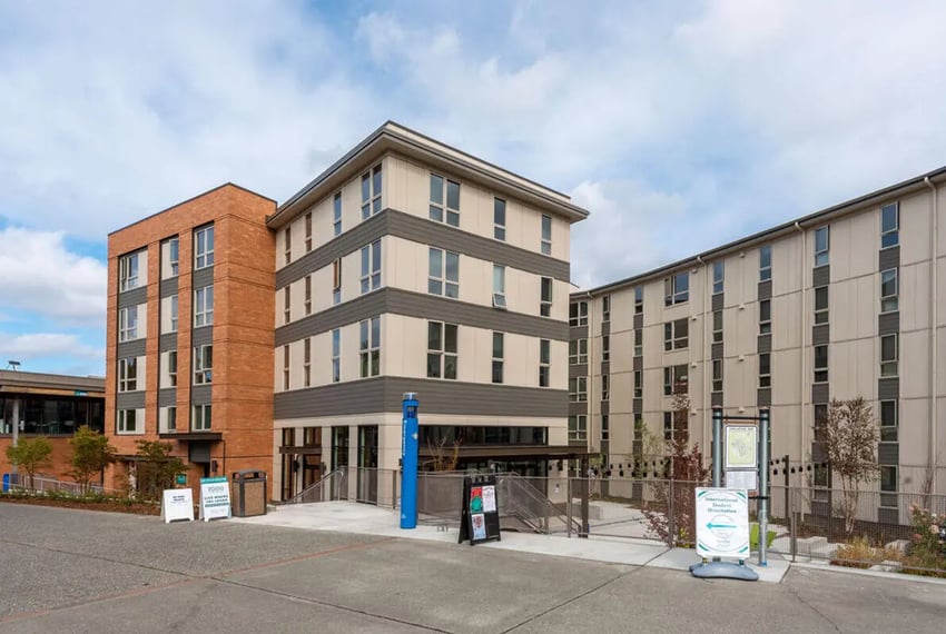 Modern buildings with many windows exterior at 7000 Campus Living Apartments in Shoreline Student Accommodation