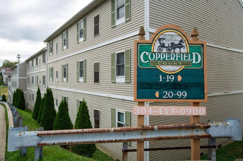 Building exterior with Copperfield Court sign exterior at Copperfield Court in Morgantown Student Accommodation