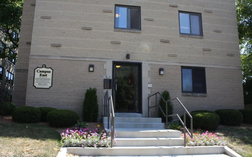 Campus East building with entrance and stairs exterior at Campus East in Milwaukee Student Accommodation
