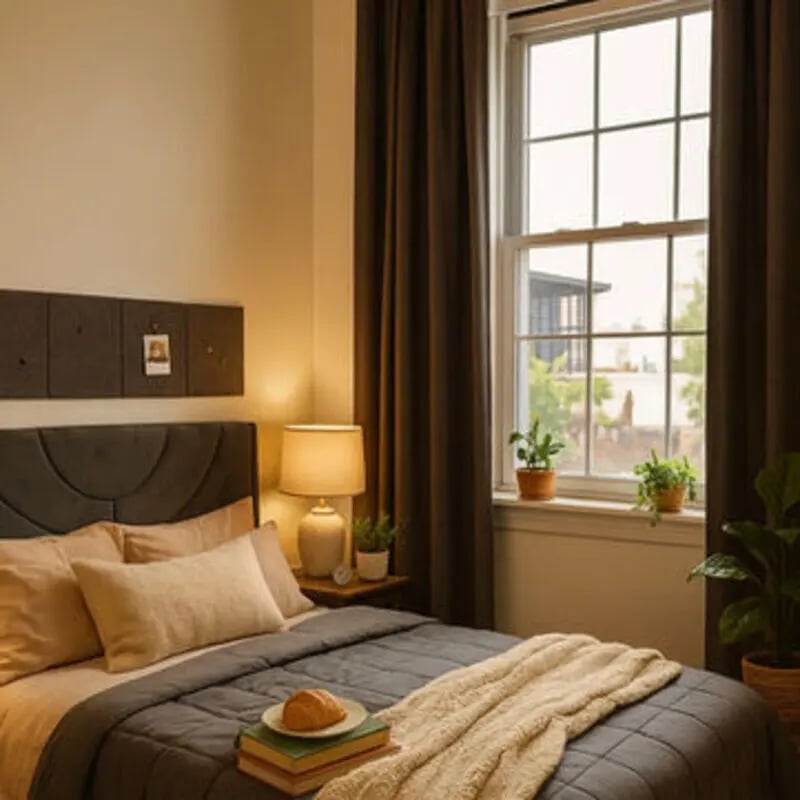 Bed with pillows lamp and window bedroom at Art Sharm Living in Philadelphia Student Accommodation