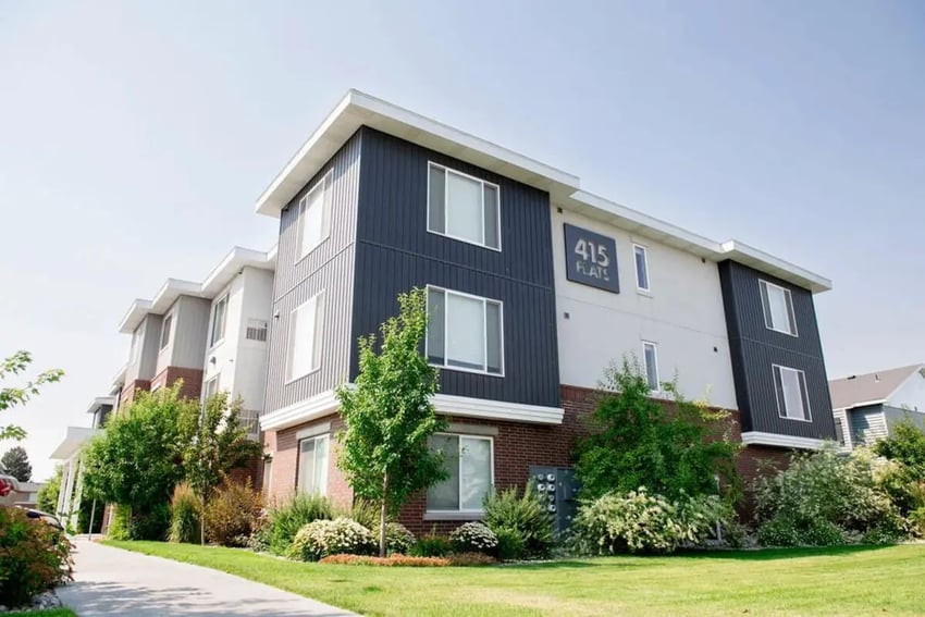Modern building with "415 Flats" sign exterior at 415 Flats in Rexburg Student Accommodation