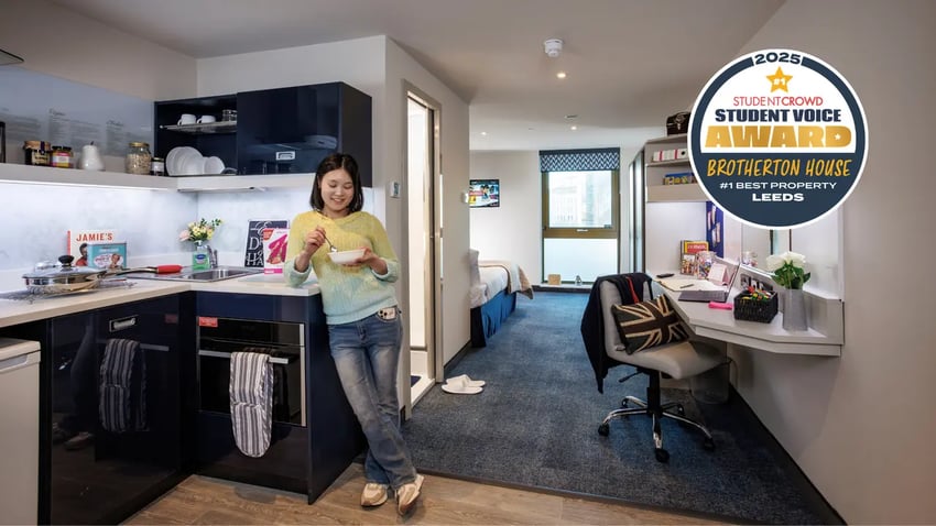 Modern kitchen with bed and desk studio at Brotherton House in Leeds Student Accommodation