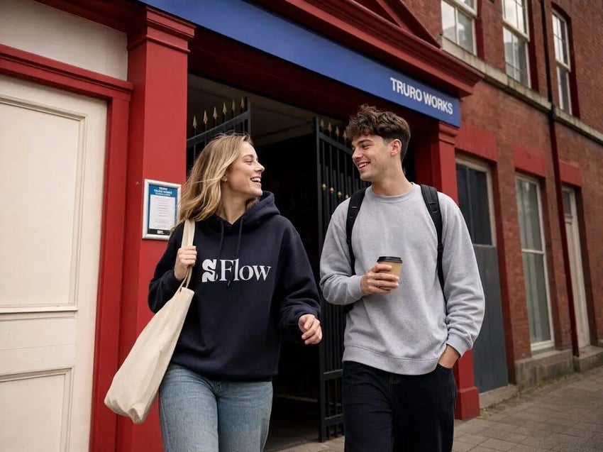 Students walking by building exterior at Truro Works in Sheffield Student Accommodation