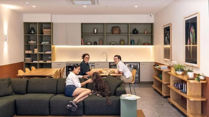 Sofa kitchen table people dog living room common area at Assemble Swiftwalk in Melbourne Student Accommodation