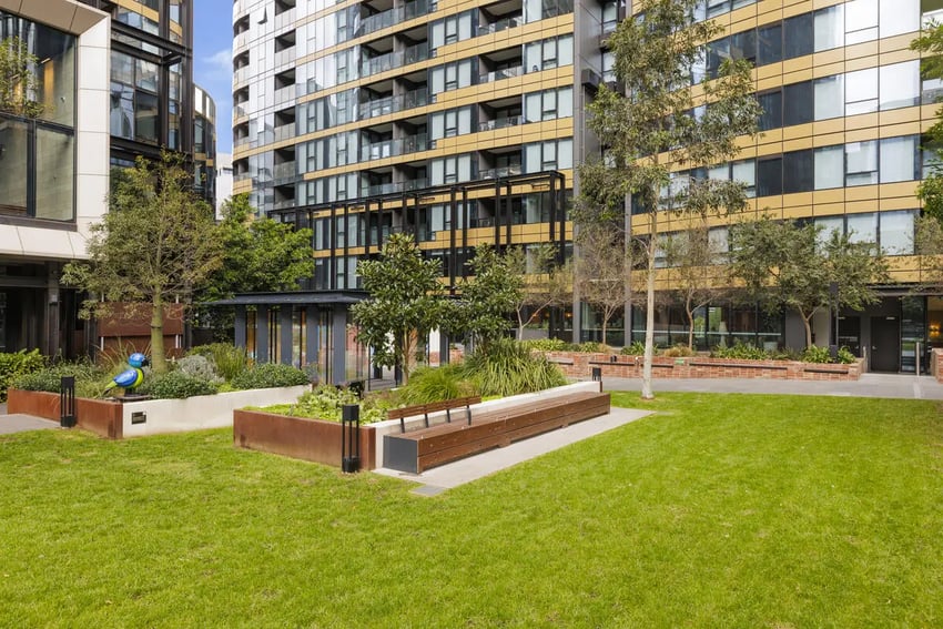 Bird sculpture bench and building exterior at West Tower, Melbourne Quarter in Melbourne Student Accommodation