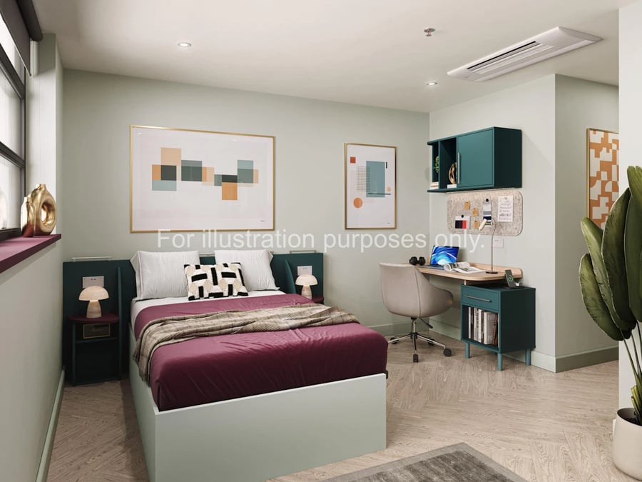 Bed desk and storage units bedroom interior at Willen House in London Student Accommodation