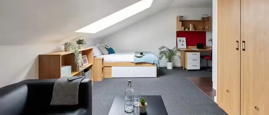 Bed desk and sofa student bedroom at The Apollo Works in Coventry Student Accommodation