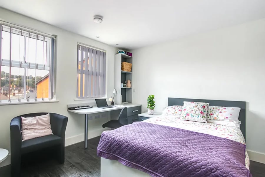 Bed desk chair plant and shelving bedroom at Ty Ni in Bangor Student Accommodation