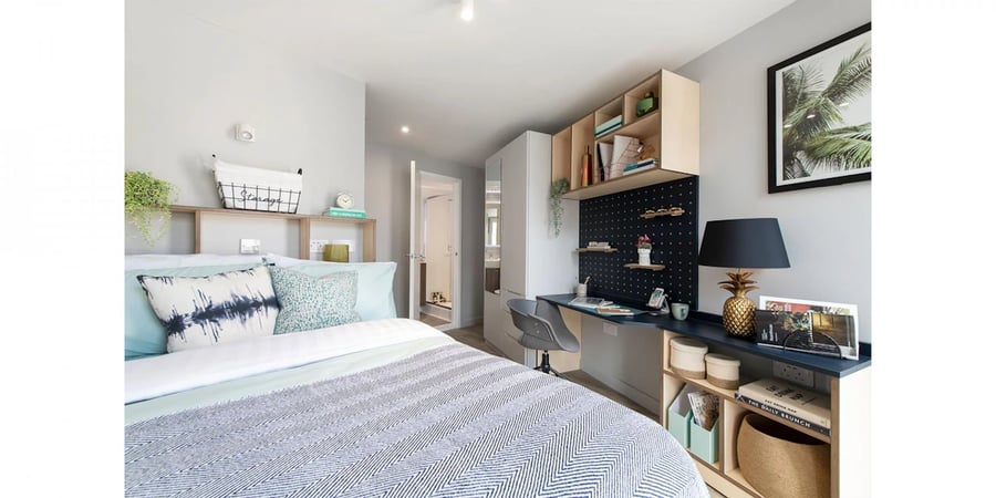 Bed desk plants and art bedroom at Silk Mill Edinburgh in Edinburgh Student Accommodation