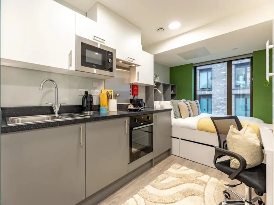 Kitchenette with bed and desk Student studio at Venue Studios in London Student Accommodation