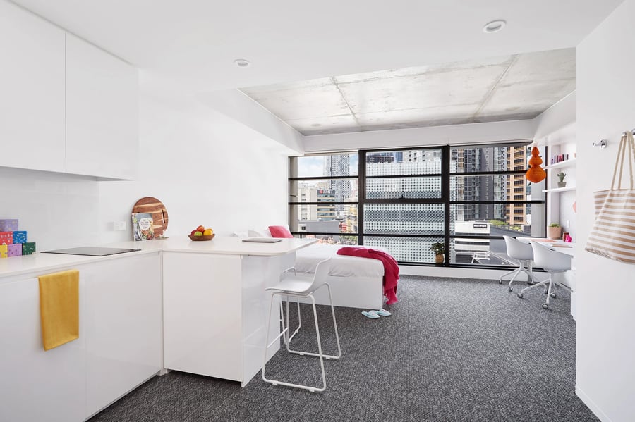 Kitchen bed study area window view room at Scape Carlton in Melbourne Student Accommodation