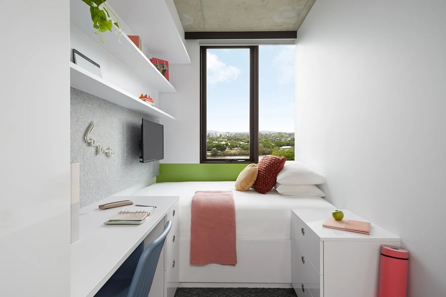 Bed desk TV shelves and window bedroom at Scape Toowong in Brisbane Student Accommodation