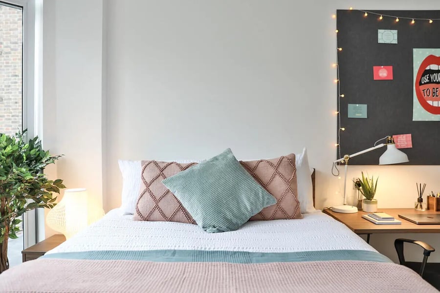 Bed with pillows plant desk lamp string lights bedroom at Francis Gardner in London Student Accommodation