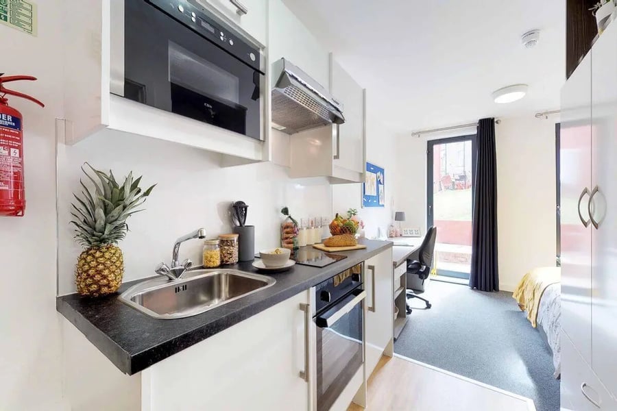 Pineapple microwave sink oven desk bed studio apartment at Haymarket Edinburgh in Edinburgh Student Accommodation