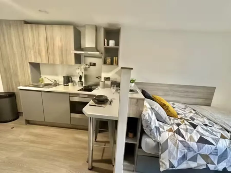 Kitchenette bed and bar table studio apartment at Albany Student Village in Coventry Student Accommodation