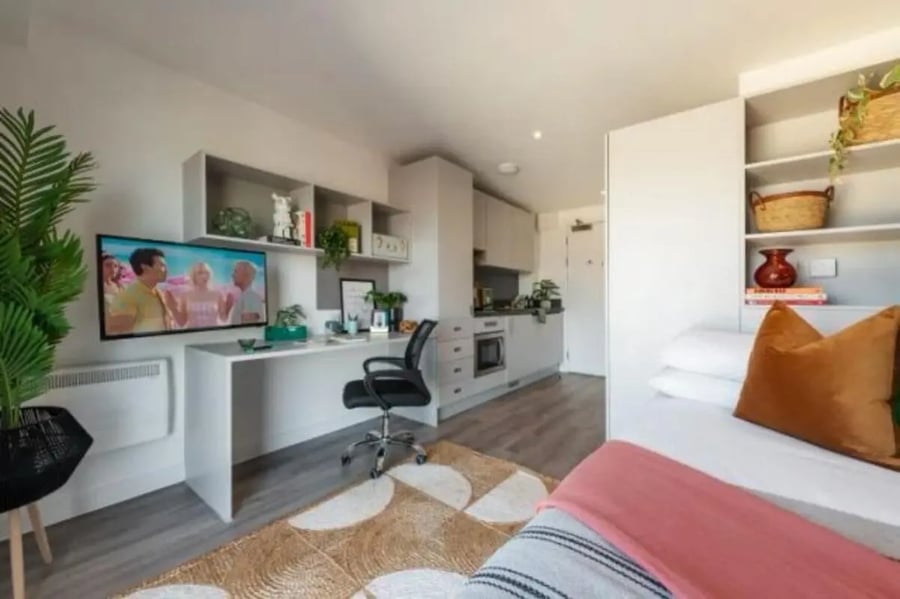 Desk TV shelves kitchen bed studio apartment at Infinity Coventry in Coventry Student Accommodation