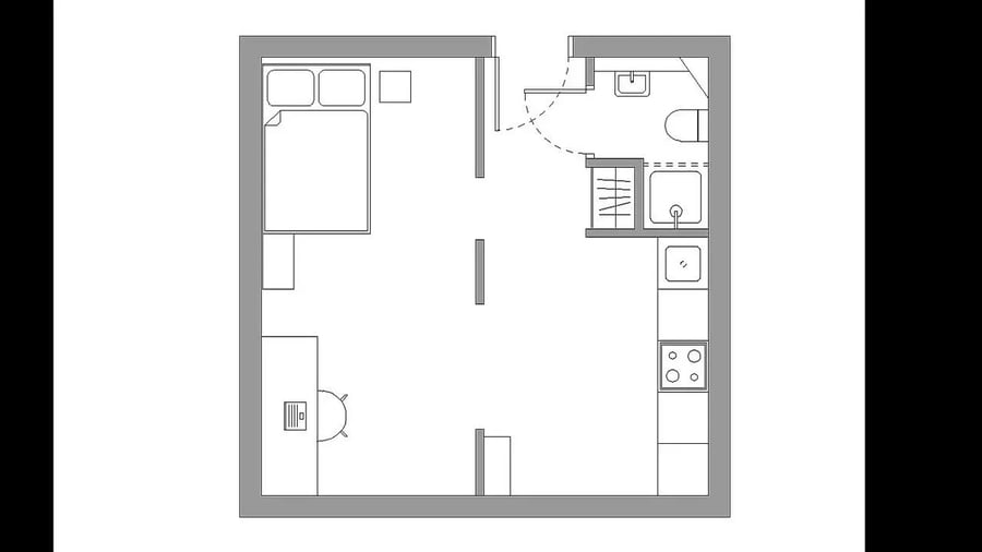 Bed desk toilet shower sink stove kitchen floor plan at Calcott Ten in Coventry Student Accommodation