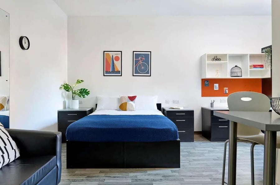 Bed desks posters shelving unit bedroom at The Maltings in Colchester Student Accommodation